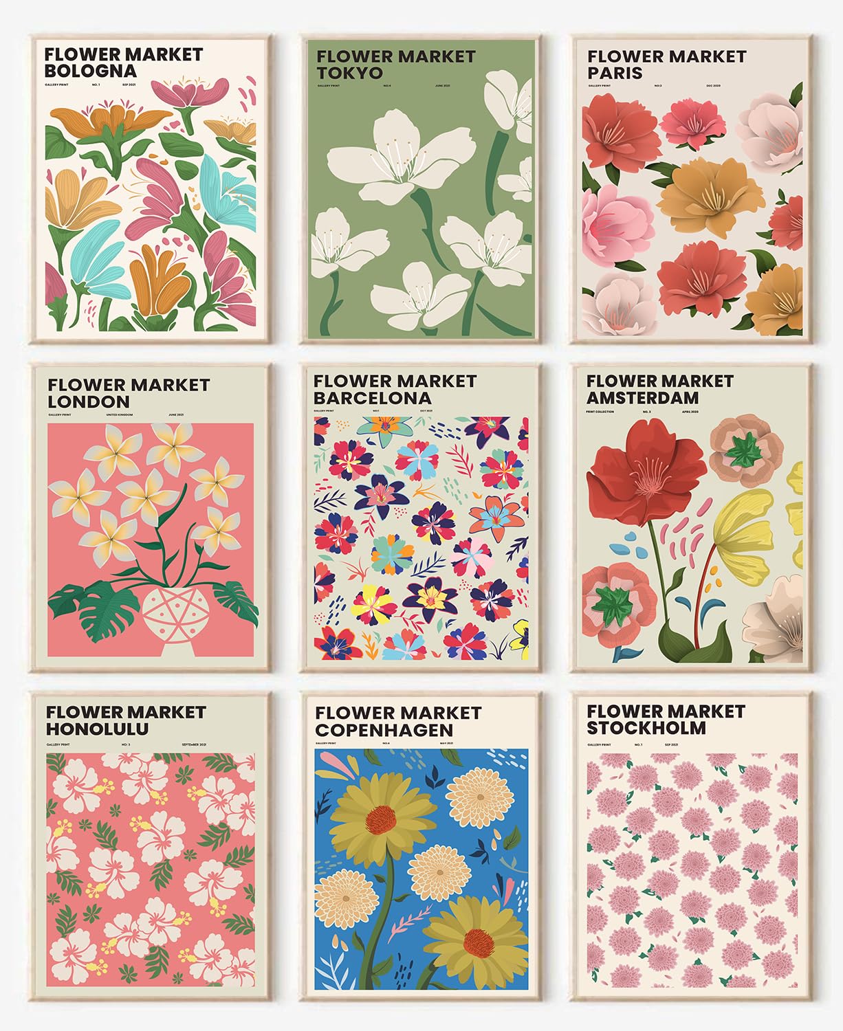 フラワーマーケットウォールアートプリント9枚、ミニマリストフラワーマーケットポスター、部屋の美的写真用、ヴィンテージカラフルな花のウォールアート、抽象的なパステルフローラルピクチャーウォールデコ、かわいいボヘミアンルーム装飾、フレームなし、810インチ