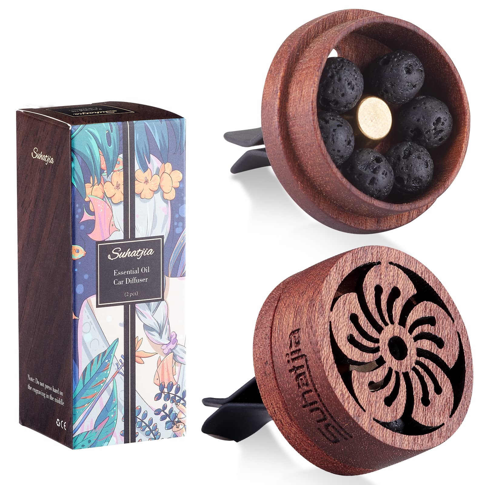 エッセンシャルオイル用木製カーディフューザー、2個 車用アロマテラピーウッド ベントクリップ付き。..