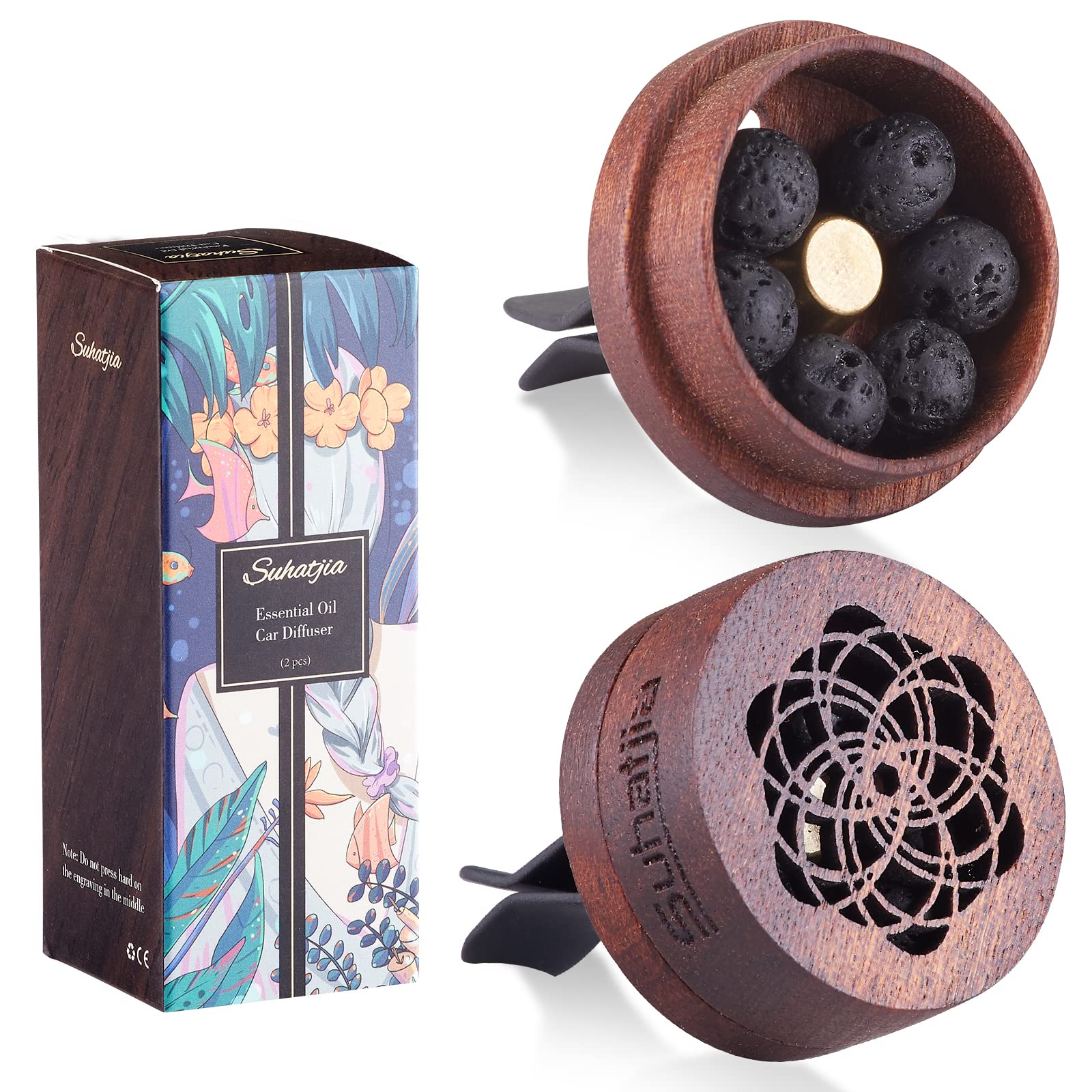 エッセンシャルオイル用木製カーディフューザー、2個 車用アロマテラピーウッド ベントクリップ付き。..