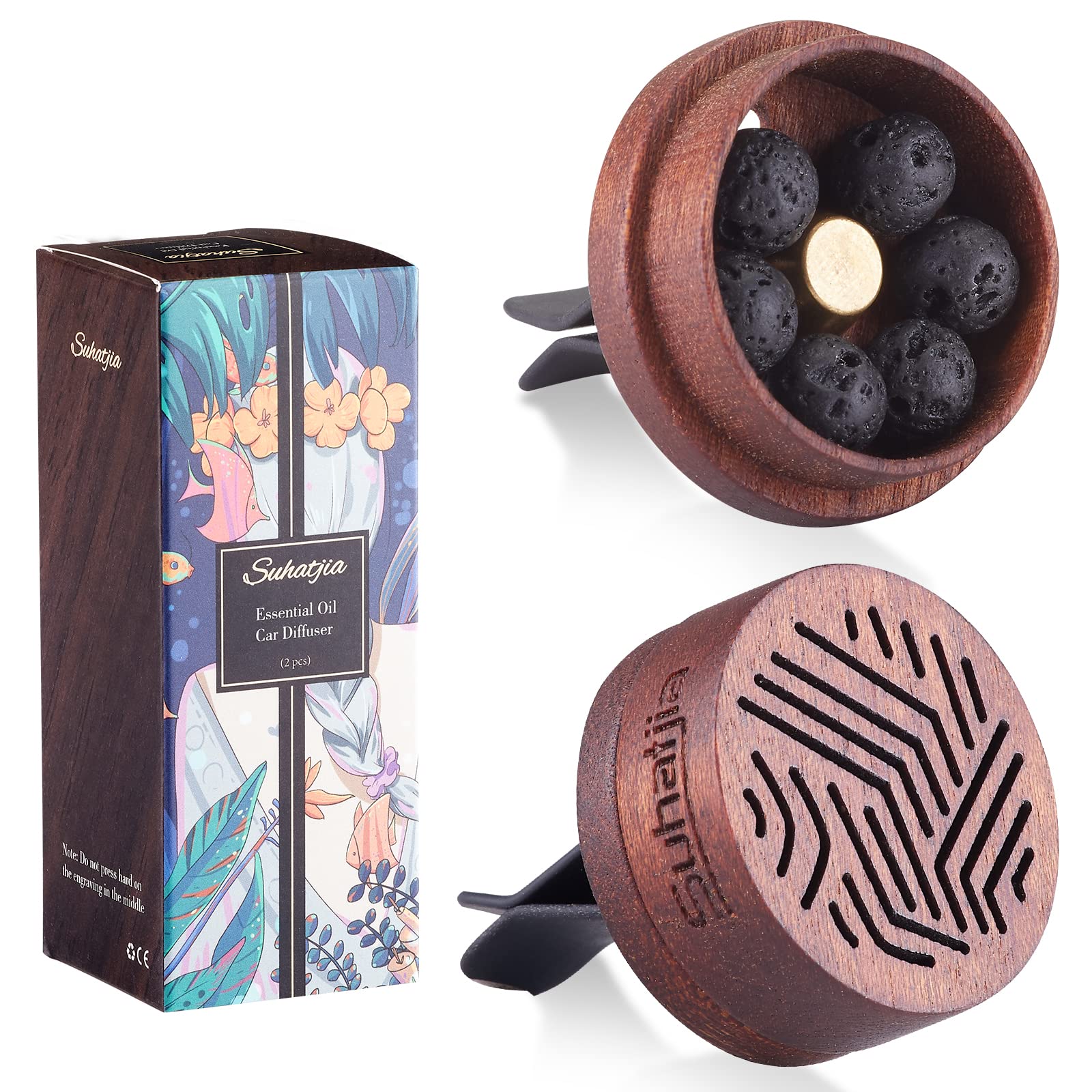 エッセンシャルオイル用木製カーディフューザー、2個 車用アロマテラピーウッド ベントクリップ付き。..