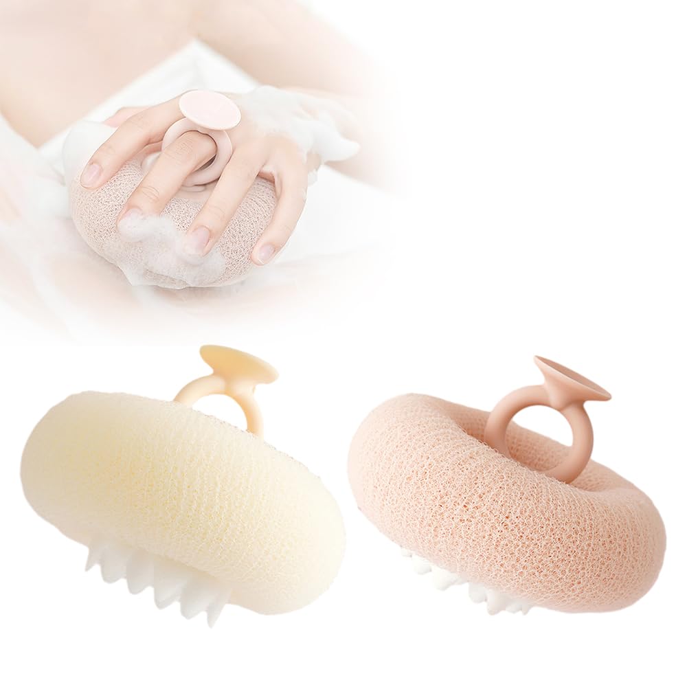 スーパーソフト ひまわり 吸盤 バスボール 2025 アップグレード ひまわり バスボール バスアクセサリー 女性用 角質除去 バススポンジ メッシュ シャワー ボディ スポンジ 家庭用 (ベージュ+ピンク)