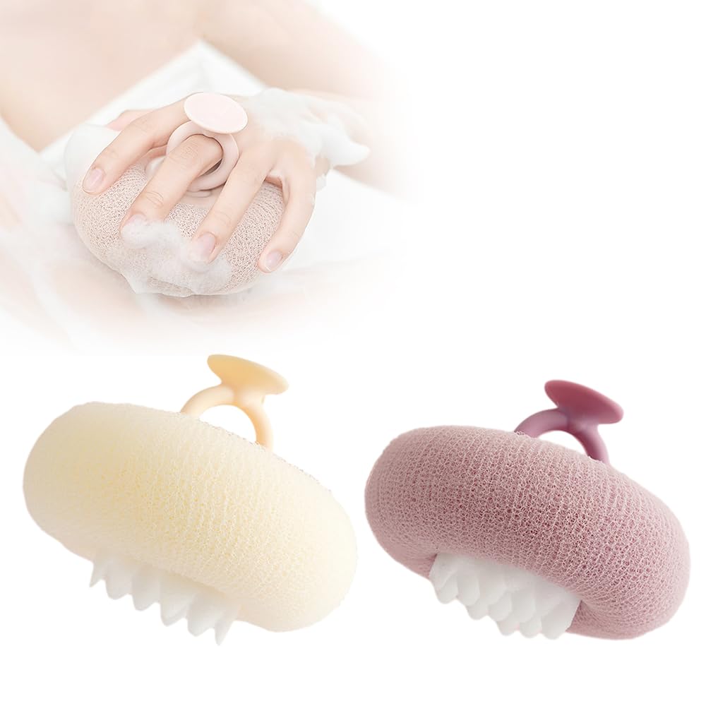 スーパーソフト ひまわり 吸盤 バスボール 2025 アップグレード ひまわり バスボール バスアクセサリー 女性用 角質除去 バススポンジ メッシュ シャワー ボディ スポンジ 家庭用 (ベージュ+パープル)