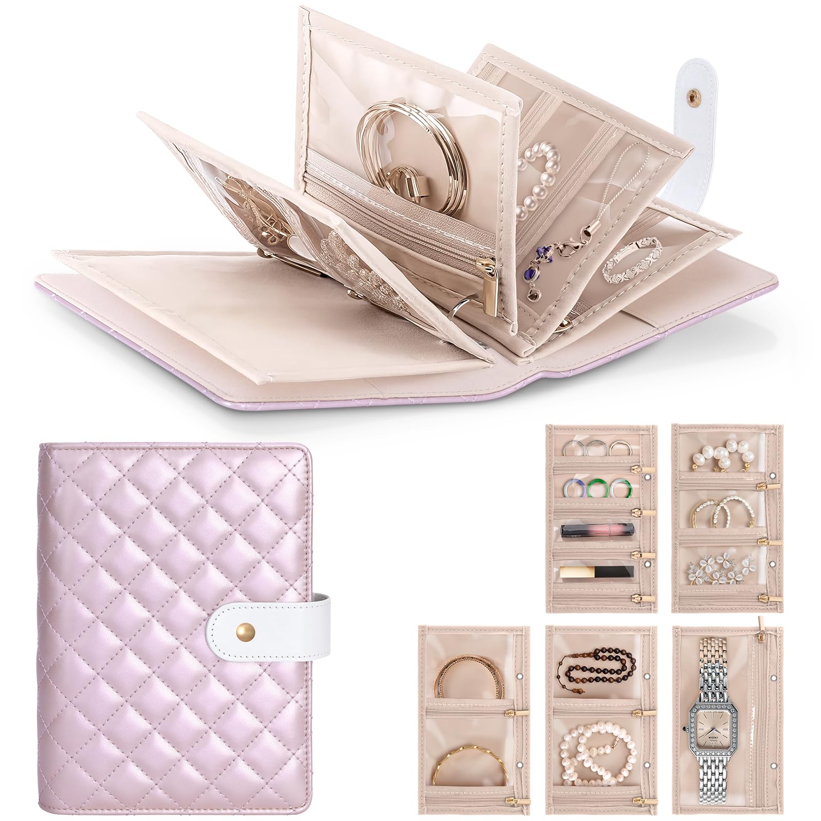 レザートラベルジュエリーボックス、ジュエリー収納ブックリングバインダー クリアジッパー付き ベルベ..