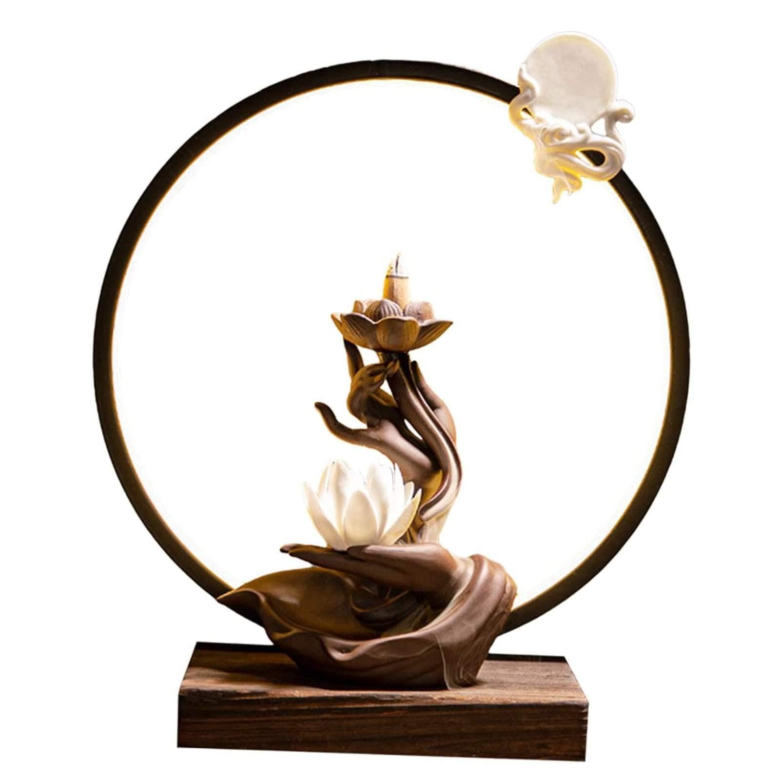 逆流香炉香炉コーンスティックホルダーLEDライトアンティーク セラミック 装飾 アロマセラピーオーナメントホームフレグランス ヨガリビングルームベッドルーム ホワイトロータス