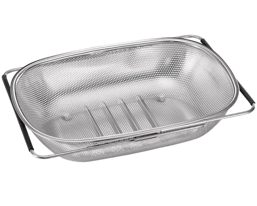 水切りカゴ 水切りラック シンク上 ステンレス 伸縮バスケット 調節可能 野菜洗い 水切りバスケット 台所用 果物・野菜置物棚 D型 シンクに合わせて伸縮 スライド式 シリカゲルハンドル 滑り止め ネットバスケット (34*24*10cm)