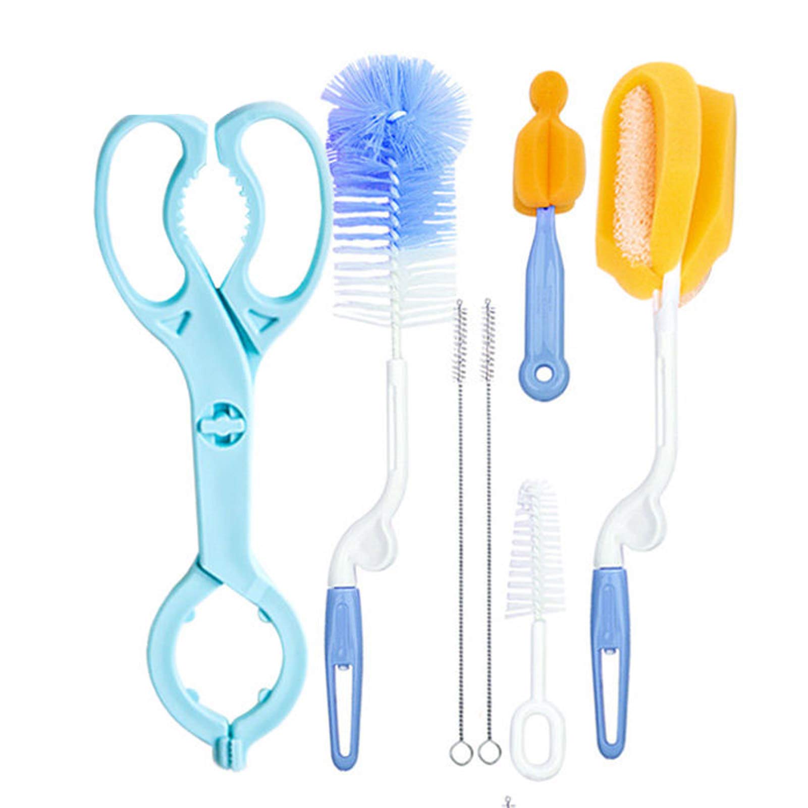 哺乳瓶ブラシセット ボトルブラシ スポンジブラシ 乳首/哺乳瓶/水筒 洗浄ブラシ 衛生なPP製 7点セッ (青)