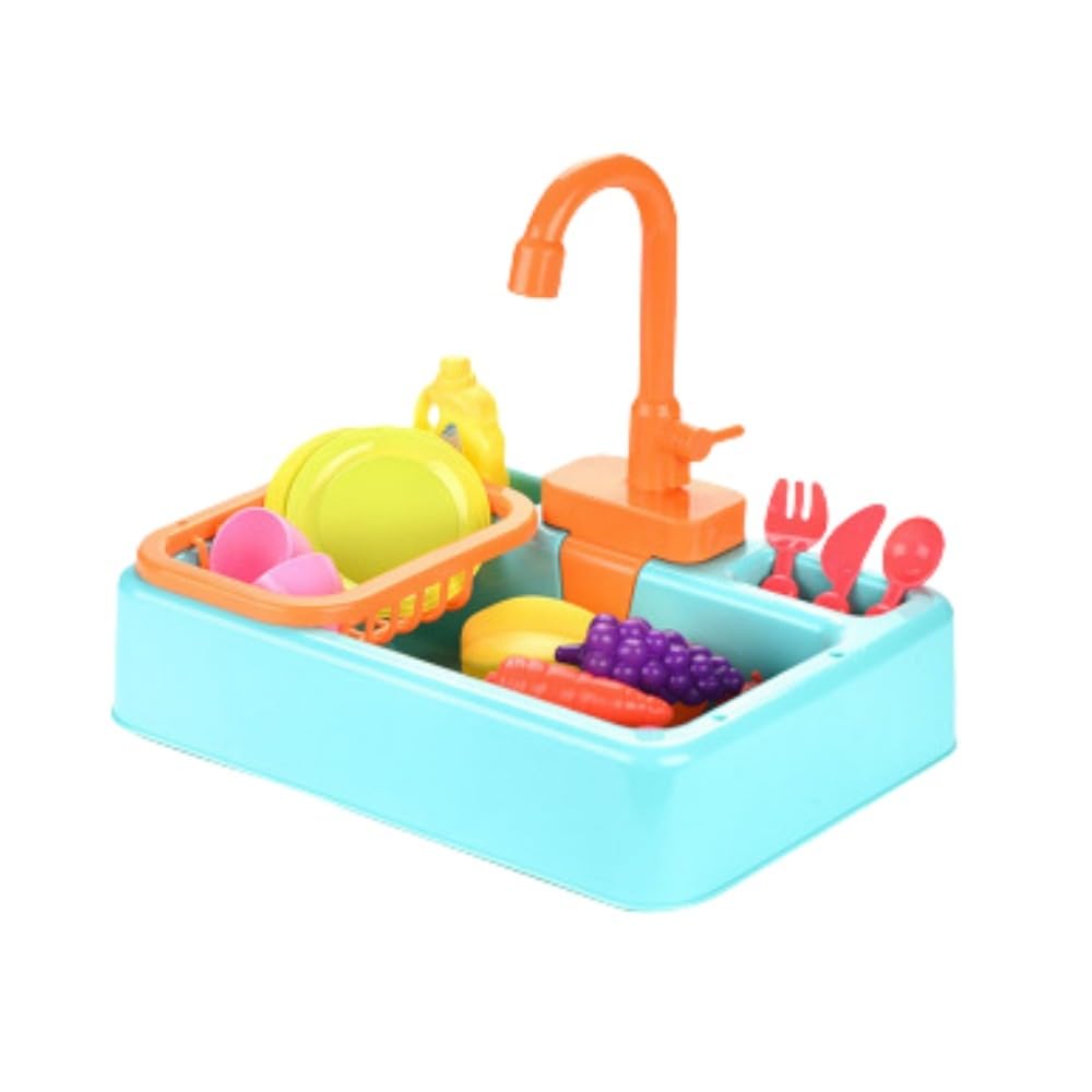 子供用キッチン食器洗いおもちゃ、水を循環させる電気おもちゃままごと野菜洗濯機、野菜たらい、水遊び (ライトブルー)