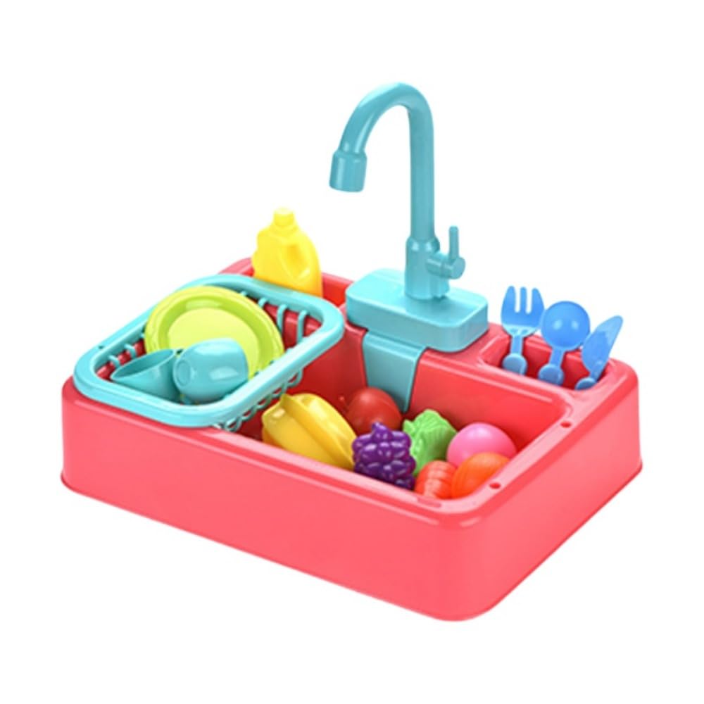 子供用キッチン食器洗いおもちゃ、水を循環させる電気おもちゃままごと野菜洗濯機、野菜たらい、水遊び (レッド)
