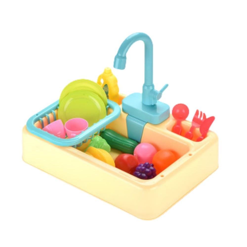 子供用キッチン食器洗いおもちゃ、水を循環させる電気おもちゃままごと野菜洗濯機、野菜たらい、水遊び (イエロー)