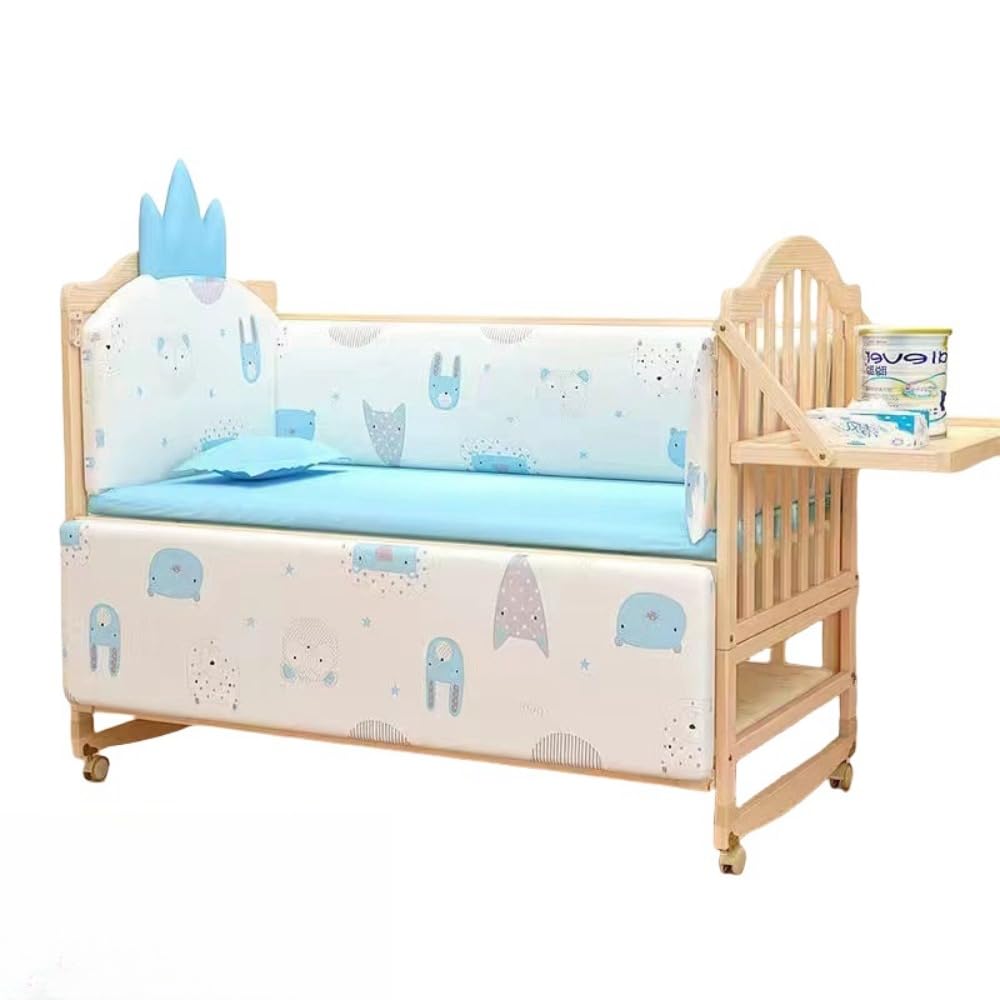 無垢材ベビーベッドスプライス大型ベッド取り外し可能無塗装多機能ベビークレードルベッド新生児ベッド子供用ベッド ベビーベッド ベビーサークル 添い寝 多機能 ベビーベッド、ベビーサークル、3段階高さ調節 (ブルー,1層ベッド(102×60) 0歳～3歳)