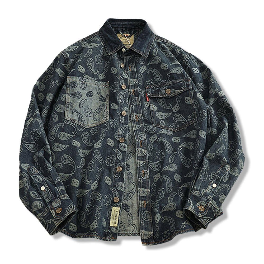 デニムシャツ メンズ 長袖 ワークウェア風 レトロアメリカン 色織カシューナッツ柄 ジャガード生地 マ..