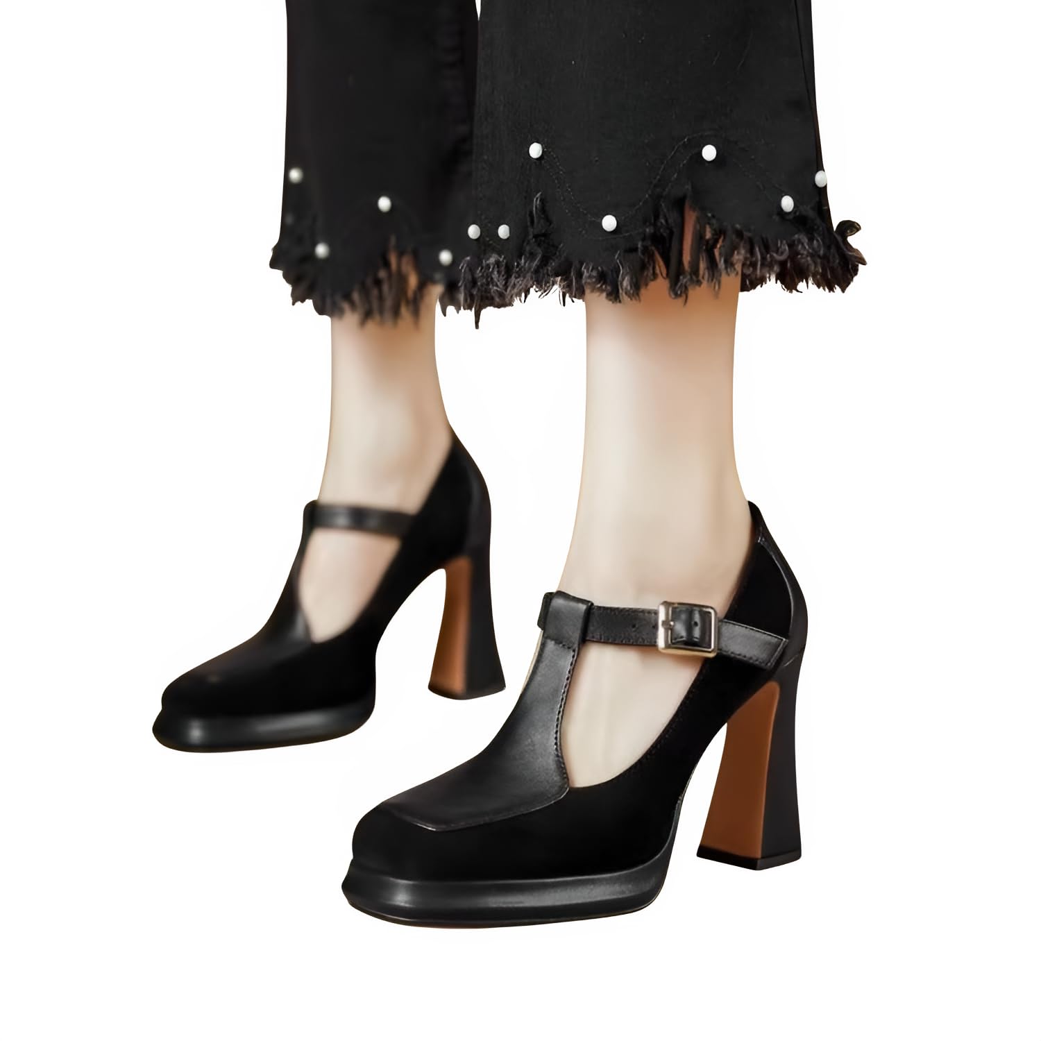 ハイヒール マリージェーンシューズ レディース 【防水台&厚底ヒール 安定性】 Tストラップマリージェーン スクエアトゥマリージェーン 春・秋 日常用 パンプス