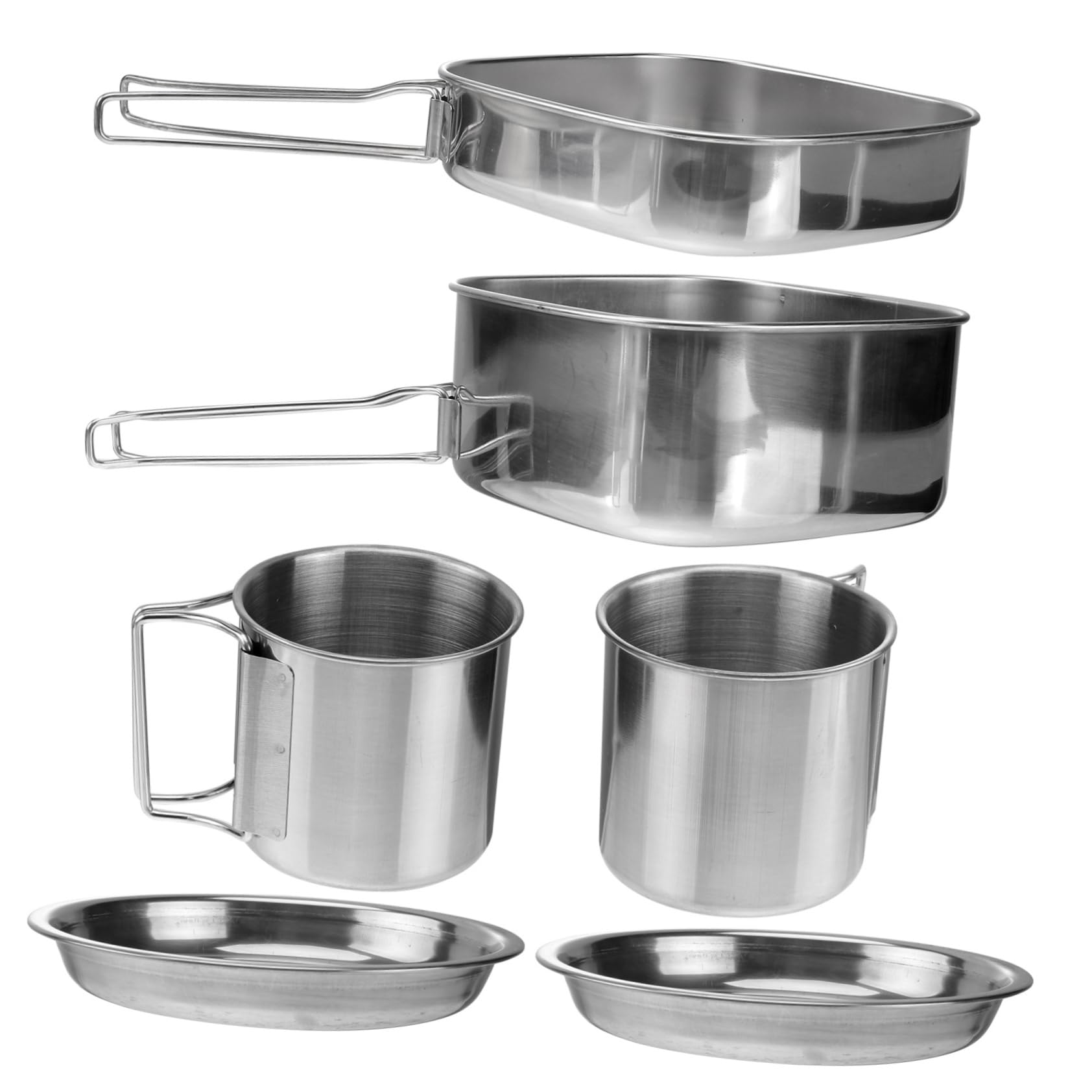 ステンレス製調理器具セット 6点 キャンプ用鍋とフライパン 折りたたみハンドル付 食事セット 3～4人用..