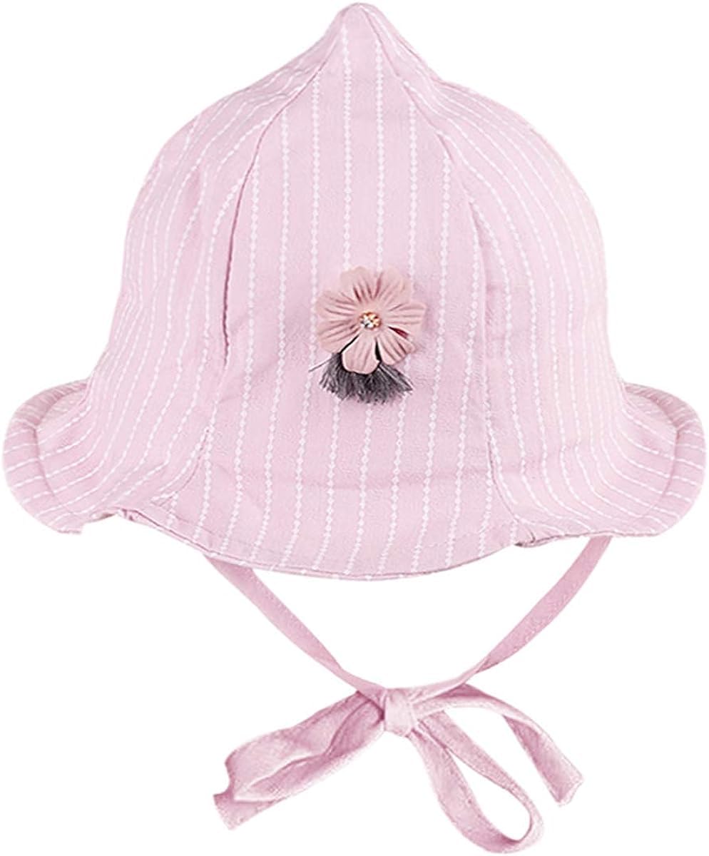 帽子 キャップ 女の子 52cm あごひも付き 日除け帽子 ストライプ柄 小花付き かわいい キッズハット 漁..