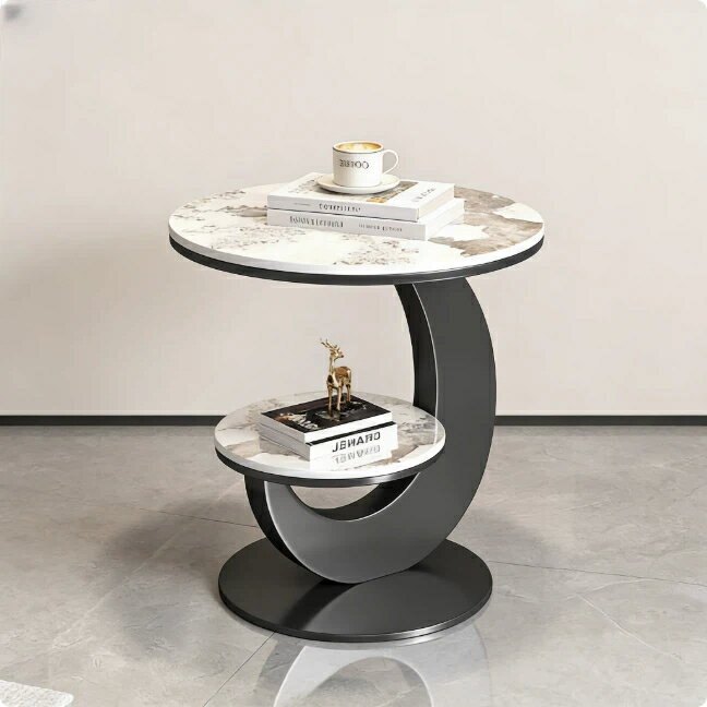 サイドテーブル おしゃれ 丸 スリム コーヒーテーブル 2段 収納 棚付き ソファサイドテーブル ベッドサイドテーブル 丸型 リビング 寝室 玄関 小物置き インテリア 飾り棚 モダン スタイリッシュ モノトーン 大理石調