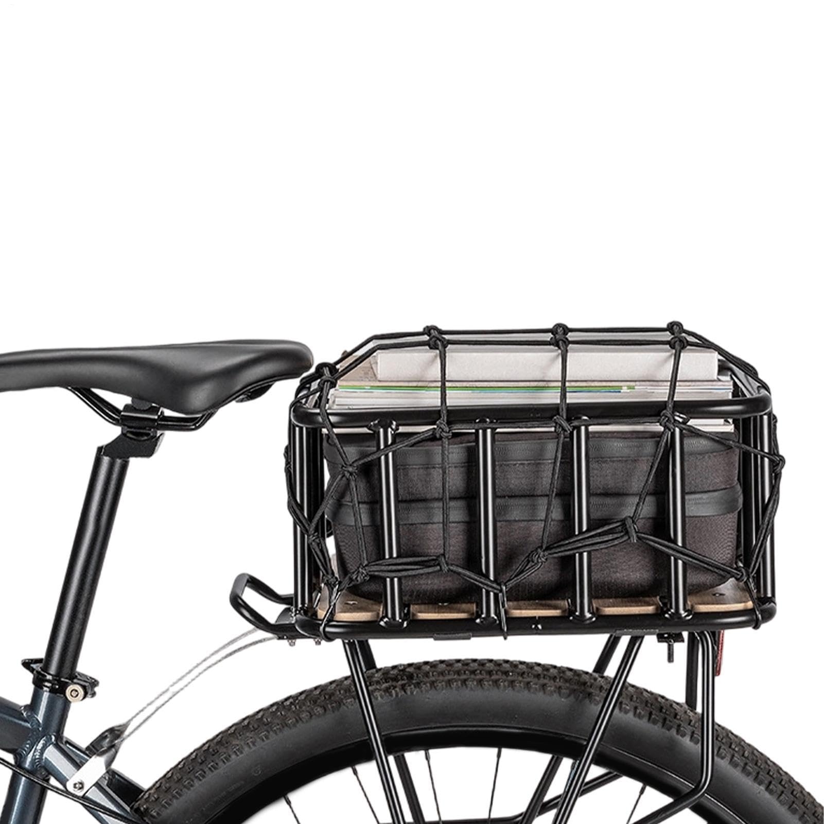 Rakuten - 自転車 リアバスケット 後ろカゴ 荷台キャリア 蓋付き 防水レインカバー 固定用カーゴネット セット 大容量 ウッド底板 おしゃれ 頑丈 反射板付き 自転車バッグ サイクリング 通勤 通学 買い物 取り付け簡単 ブラック