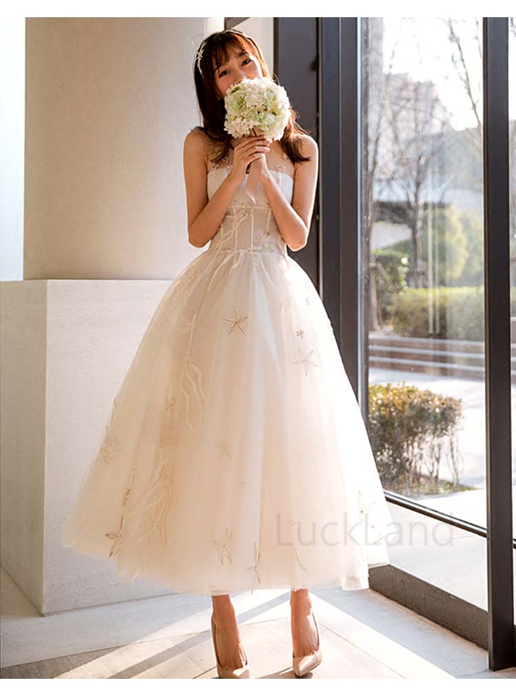 ウェディングドレス ミモレ丈 キャミソール 二次会 花嫁ドレス ノースリーブ きれいめ カジュアル レトロ レース プリンセス 星 モチーフ 結婚式 ドレス パーティードレス かわいい ミモレ おしゃれ ガーリー ストラップ 大きいサイズ チューブトップ 刺繍