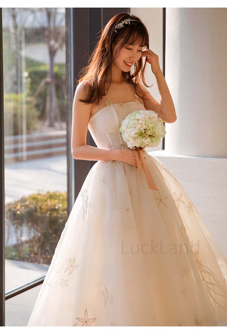 ウェディングドレス ミモレ丈 キャミソール 二次会 花嫁ドレス ノースリーブ きれいめ カジュアル レトロ レース プリンセス 星 モチーフ 結婚式 ドレス パーティードレス かわいい ミモレ おしゃれ ガーリー ストラップ 大きいサイズ チューブトップ 刺繍