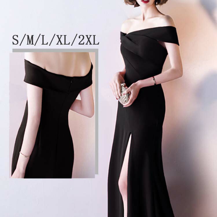 樂天商城 - パーティー ドレス ロング 黒 スリット 結婚式 無地ドレス ブラック S M L XL 2XL 披露宴 パーティー ワンピース 大人 演奏会 発表会 オフショルダー