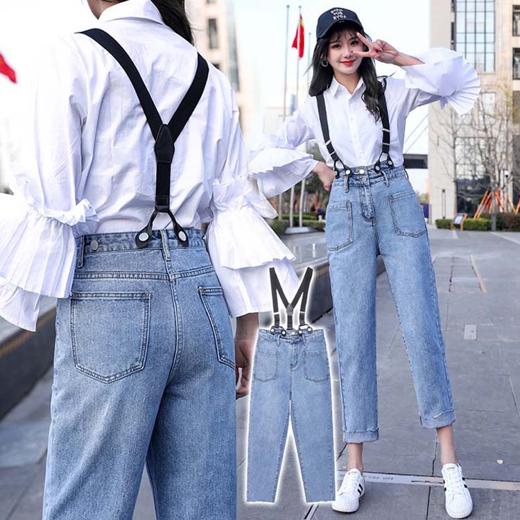 サロペット ストレート ジーンズ レディース オーバーオール デニム クロップドパンツ 九分丈 ベルト取外可能 デニム パンツ ロング サロペット 大人 ブルー カジュアル デニム(4)
