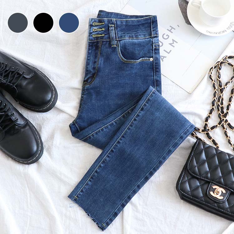 樂天商城 - スキニーパンツ ジーンズ ジーパン レディース 九分丈ズボン ハイウェスト 脚長効果 三色選べる 韓国風 オシャレ 学生 通勤 通学 外出 私服 遠足 旅行