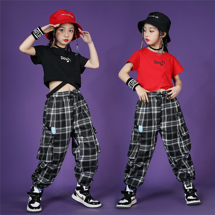 キッズダンス衣装 ダンス衣装 キッズ セットアップ ショート丈 tシャツ 赤 黒 ジュニア ダンス 衣装 ヒップホップ 韓国 子供服 チェック パンツ ダンスウェア 上下 jazz hiphop ガールズ へそ出し トップス 半袖