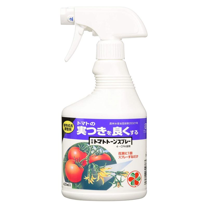 ・トマトには… 花が咲いても実がつかないことがよくあります。 本剤にはトマトの実つきを良くし、果実を肥大させ、更に熟期を促進する効果があります。 ・スプレー剤なので、薄める手間がなく、手軽に使えます。 逆さ散布も出来ます。 ●剤型・使用方法 スプレー剤・そのままスプレー ●使用目的 着果増進、果実の肥大促進、熟期の促進 ●対象作物 トマト [商品説明] ■農林水産省登録番号：第20321号 ■農薬の種類：4－CPA液剤 ■農薬の名称：日産トマトトーンスプレー ■物理的化学的性状 ：無色透明液体 ■用途：植物成長調整剤 ■剤型：液剤 ■製剤毒性：普 ■有効成分：パラクロロフェノキシ酢酸(含有量)0.0015% ■その他成分：水等(含有量)99.9985% ■内容量：420ml