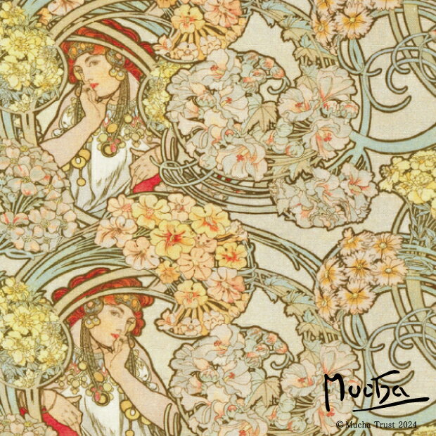 mucha 花を持つ女 オックス生地 約110cm幅×10cm単位計り売り | 布 コットン オックス 生地 アルフォンス・ミュシャ ムハ アールヌーボー テキスタイルパネル インテリアファブリック ミュシャ様式 デジタルプリント アート 絵画