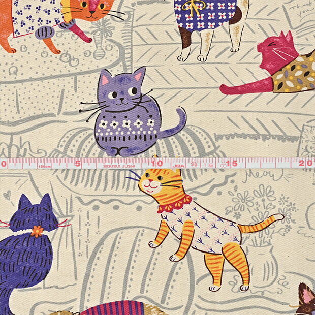 Powerful animal CAT ネコ柄 オックス生地 約110cm幅×10cm単位計り売り ｜布 コットン プリント 入園 入学 通園 通学 動物柄 猫 キャット【数量5個から承ります】【メール便2mまで】