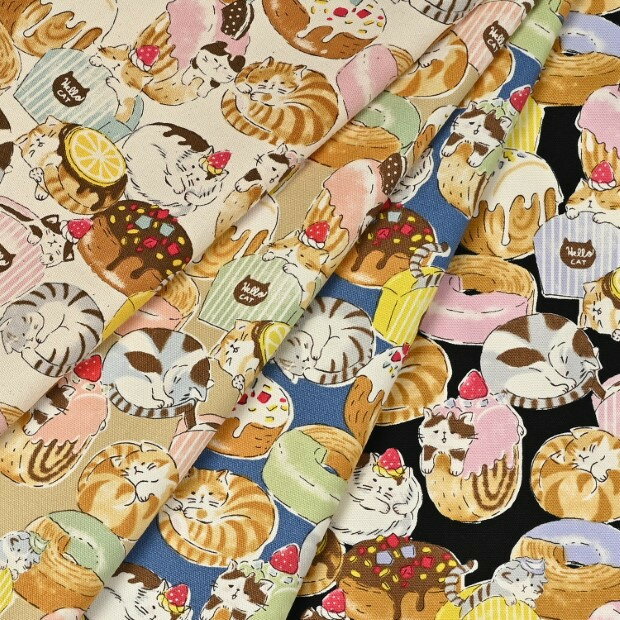 楽天Craft Navi期間限定価格　Delicious Animals ロールキャット オックス生地 約110cm幅×10cm単位計り売り | コットン プリント 猫 お菓子 スイーツ 手芸 手作り ハンドメイド【数量5個から承ります】【メール便2mまで】