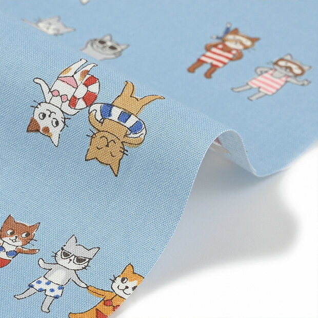 FUNNY CATS 夏休みのねこ シーチング生地 約110cm幅×10cm単位計り売り  コットン プリント 手芸 手作り ハンドメイド 猫柄 キャット ファニーキャッツ サマーバケーション【数量5個から承ります】【メール便3mまで】