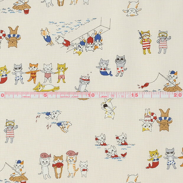 FUNNY CATS 夏休みのねこ シーチング生地 約110cm幅×10cm単位計り売り  コットン プリント 手芸 手作り ハンドメイド 猫柄 キャット ファニーキャッツ サマーバケーション【数量5個から承ります】【メール便3mまで】
