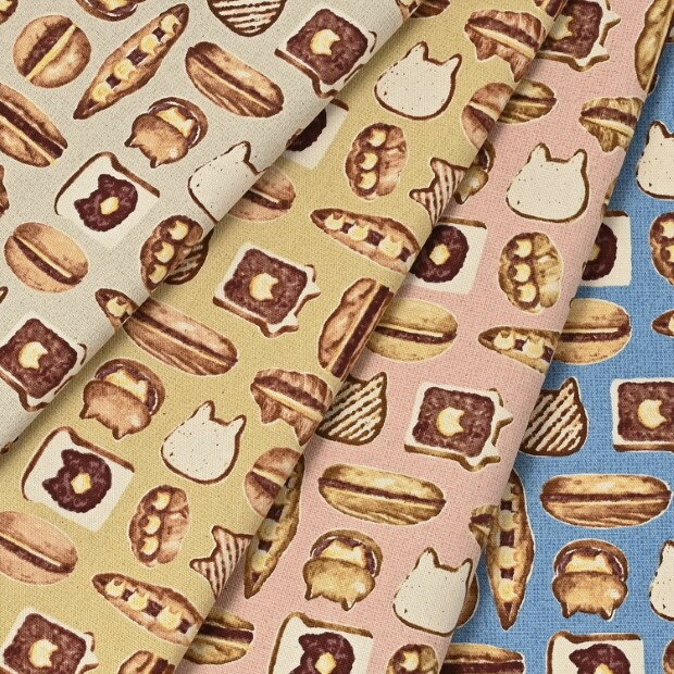 ANIMAL BREAD 猫食パン＆ハードパン柄 オックス生地 約110cm幅×10cm単位計り売り｜布 コットン プリント 入園 入学 通園 通学 アニマルブレッド パン柄 スイーツ柄 食べ物柄【数量5個から承ります】【メール便2mまで】のサムネイル