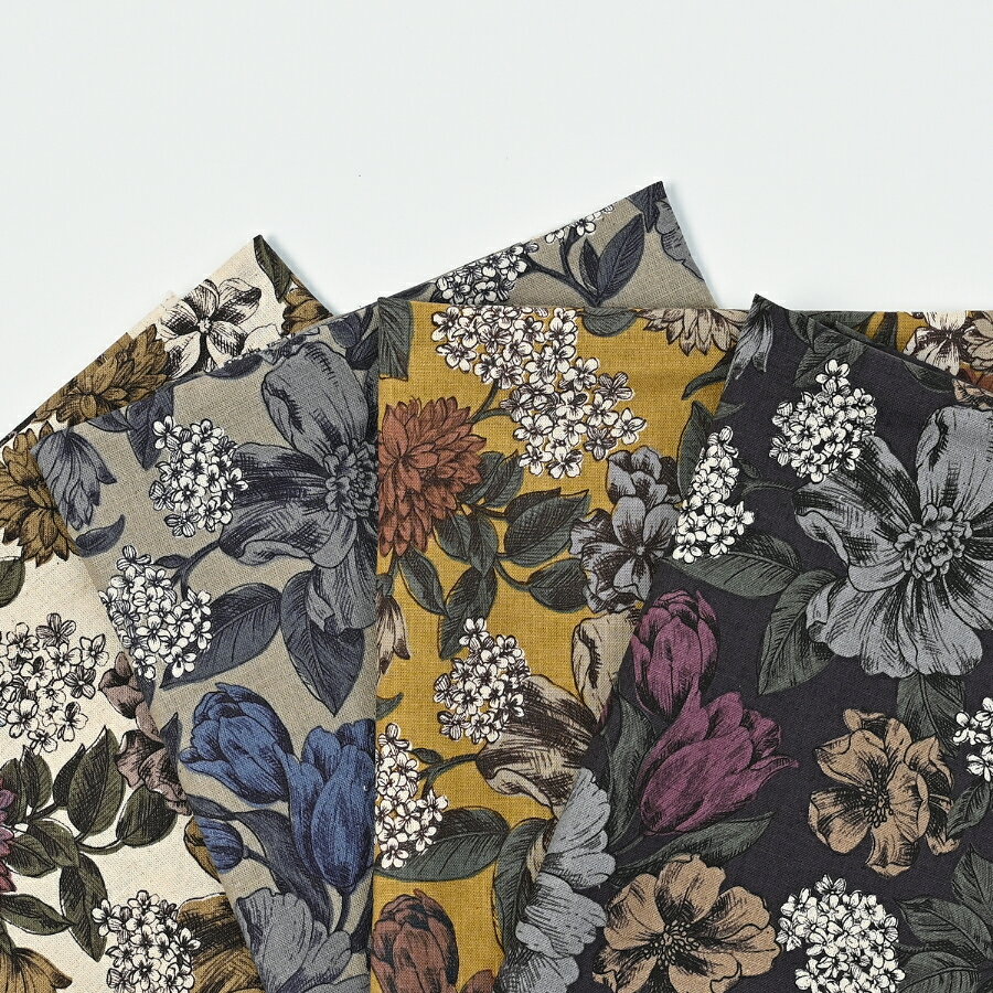 natural garden 大花柄 綿麻シーチング生地 約110cm幅×10cm単位計り売り | コットン85% リネン15% 日本製 プリント 花柄 草花 植物 ボタニカル ナチュラル レトロ かわいい 布 ハンドメイド 手芸