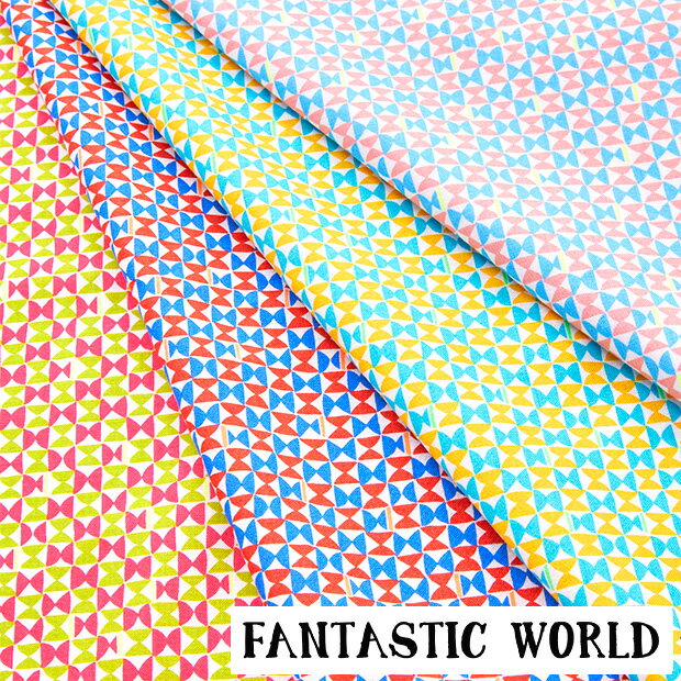 [数量5個から承ります][メール便3mまで]廃盤 特価 FANTASTIC WORLD 幾何柄 シーチング生地 約110cm幅×10cm単位計り売り【メーカー在庫限り】| コットン プリント 布 雑貨 マスク 服地 小柄 三角 リボン カラフル 切り売り 手芸 手作り ハンドメイド