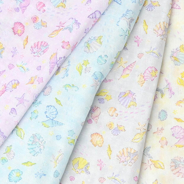【数量5個から承ります】【メール便2mまで】廃番 特価 Sea Breeze シェル柄 エバークール加工 ダブルガーゼ生地 約108cm幅×10cm単位計り売り【メーカー在庫限り】布 コットン プリント 涼感 冷感 ひんやり パステル マーメイド 貝のサムネイル