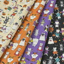 【数量5個から承ります】【メール便3mまで】FUNNY CATS ハロウィン柄 シーチング生地 約110cm幅×10cm単位計り売り  コットン プリント 手芸 手作り ハンドメイド Seasonal cats