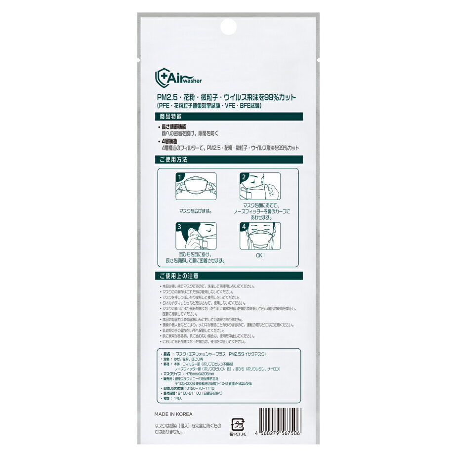エアウォッシャー KF94マスク 1枚入 （韓国食品医薬品安全処認証） トイレタリージャパンインク [衛生マスク 立体 息がしやすい 個包装 口紅がつきにくい くちばし型]