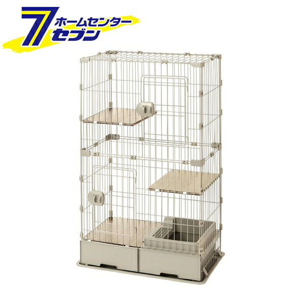 トイレ付 スリムキャットケージ 2段 ライトベージュ PTC-752 アイリスオーヤマ [猫用ケージ トイレ一体型 転倒防止ベルト付き ペット用品]