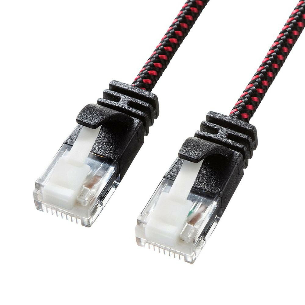 サンワサプライ つめ折れ防止カテゴリ6A細径メッシュLANケーブル (ブラック＆レッド・1m) KB-T6AME-01BKR【メーカー直送：代金引換不可：同梱不可】【北海道・沖縄・離島は配達不可】