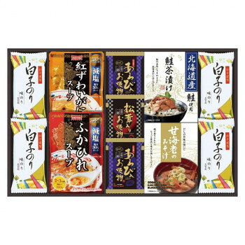 ※パッケージ、デザイン等は予告なく変更される場合があります。※画像はイメージです。商品タイトルと一致しない場合があります。あわび、松茸の素材を使ったフリーズドライとふかひれスープ、紅ずわいがにスープと白子のりを詰め合わせた贅沢な贈り物です。内容量スープ(ふかひれ160g、紅ずわいがに160g、松茸入お吸い物4.2g)各1袋、あわび入お吸い物4g×2袋、白子のり(8切5枚)4袋、甘海老のみそ汁(7.5g×3袋)、鮭茶漬け(4g×3袋)サイズ個装サイズ：46.3×29×4.2cm重量個装重量：760g仕様賞味期間：製造日より360日生産国日本広告文責:株式会社ホームセンターセブンTEL:0978-33-2811※パッケージ、デザイン等は予告なく変更される場合があります。※画像はイメージです。商品タイトルと一致しない場合があります。原材料名称：調理用濃縮スープ、乾燥スープ、乾燥スープ(松茸のお吸い物)、味付のり、即席みそ汁、鮭茶漬けふかひれガラスープ(国内製造)、野菜(長ねぎ、しいたけ、たけのこ)、醤油、ごま油、砂糖、発酵調味料、香辛料、ふかひれ、食塩、でんぷん、オイスターソース、コラーゲンペプチド、シーフードエキス、酵母エキス、オニオンエキス/増粘剤(加工デンプン、キサンタンガム)、調味料(無機塩等)、香辛料抽出物、酸味料紅ずわいがにガラスープ(豚・鶏・大豆・小麦を含む)(国内製造)、野菜(たけのこ、きくらげ)、紅ずわいがに、ごま油、かにエキス、砂糖、コラーゲンペプチド、えびパウダー、食塩、でんぷん、還元水あめ、香辛料/増粘剤(加工デンプン、キサンタンガム)、調味料(無機塩等)、香辛料抽出物(乳成分を含む)、香料、酸味料、紅麹色素あわび入吸い物魚貝エキス調味料(魚貝エキス、しょう油、食塩)、チキン調味料(食塩、デキストリン、チキンパウダー、その他)、食塩、でん粉、ゼラチン、うきみ、具(チンゲン菜(中国産)、鶏卵、あわび、ゆず)/調味料(アミノ酸等)、酸化防止剤(ビタミンE)、香料、香辛料抽出物、カラメル色素、酸味料松茸入吸い物しょう油、デキストリン、チキン調味料(食塩、デキストリン、チキンパウダー、その他)、食塩、和風だし調味料、ゼラチン、うきみ、具(みつば(国産)、まつたけ)/増粘剤(加エデンプン、キサンタンガム)、調味料(アミノ酸等)、香料、酸化防止剤(ビタミンE)、酸味料白子のり乾のり(国産)、調味液(しょうゆ(小麦を含む)、砂糖、水あめ、食塩、かつお節エキス、えびエキス、酵母エキス、こんぶエキス)/調味料(アミノ酸等)、甘味料(甘草)、香辛料味噌汁粉末味噌汁(乳糖、赤味噌、食塩、食物繊維、かつお節、さば節)(国内製造)、甘えび粉末、乾燥わかめ、乾燥ねぎ、乾燥三つ葉/調味料(アミノ酸等)、糊料(プルラン)、炭酸カルシウム、甘味料(アセスルファムK)鮭茶漬け青のり風味顆粒(食塩、アオサ粉末、でん粉)(国内製造)、あられ、ごま、たらこ風味顆粒(食塩、砂糖、乳糖、澱粉、その他)、さけフレーク(食塩、さけ、糖類(砂糖、乳糖)、デキストリン)、鰹風味顆粒(乳糖、食塩、鰹節粉末、砂糖、その他)、鮭風味顆粒(乳糖、砂糖、食塩、鮭パウダー)、のり、乾燥わかめ、食塩、砂糖/調味料(アミノ酸等)、着色料(アナトー、紅麹、カラメル)、酸化防止剤(ビタミンE)アレルギー表示卵、乳、小麦、えび、かに、あわび、ごま、さけ、さば、大豆、鶏肉、豚肉、まつたけ、ゼラチン（原材料の一部に含んでいます）保存方法常温にて保存してください。製造（販売）者情報【ふかひれ・紅ずわいがにスープ】販売者:株式会社ホテイフーズコーポレーション【あわび入お吸い物・松茸入お吸い物】販売者:シーラック株式会社【白子のり】製造者:株式会社白子【味噌汁・鮭茶漬け】販売者:株式会社中久fk094igrjs