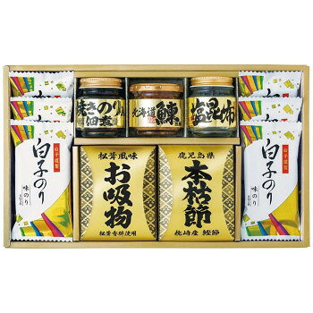 ※パッケージ、デザイン等は予告なく変更される場合があります。※画像はイメージです。商品タイトルと一致しない場合があります。海苔及び海苔加工品のシェアは全国有数であるトップブランド白子のりの海苔、長い時間をかけて風味豊かに造り上げた鹿児島県枕崎産の鰹本枯節、国産海苔原料を使用した小豆島製造の塩昆布など、香り良く、料理の味をより引き立てる選りすぐりの逸品をお届け致します。内容量鰹本枯れ節(2.5g×2袋)・松茸風味お吸い物(2.3g×3袋)各1箱・焼きのり佃煮85g・北海道産鰊フレーク50g・塩昆布18g各1瓶・白子のり味のり(8切5枚)6袋サイズ個装サイズ：38.2×23.5×7.4cm重量1060g個装重量：1030g仕様賞味期間：製造日より540日生産国日本広告文責:株式会社ホームセンターセブンTEL:0978-33-2811※パッケージ、デザイン等は予告なく変更される場合があります。※画像はイメージです。商品タイトルと一致しない場合があります。原材料名称：乾物鰹本枯れ節2.5g:かつおのかれぶし(国内製造)松茸風味お吸い物2.3g:調味顆粒(食塩、砂糖、鰹節粉、鰹エキス、醤油)(国内製造)、ふ、わかめ、乾燥ねぎ/調味料(アミノ酸等)、カラメル色素、香料、酸化防止剤(ビタミンE)、クエン酸、(一部に小麦・大豆を含む)焼きのり佃煮85g:水飴(国内製造)、砂糖、醤油(小麦・大豆を含む)、アミノ酸液(大豆を含む)、焼きのり、食塩、でん粉、のり/ソルビット、調味料(アミノ酸等)、カラメル色素、増粘多糖類鰊フレーク50g:にしん(北海道産)、なたね油、醤油、砂糖混合異性化液糖、砂糖、米発酵調味料、食塩、昆布エキス、ジンジャー/調味料(アミノ酸等)、酒精、カラメル色素、増粘剤(キサンタン)塩昆布18g:昆布(国産)、醤油(小麦・大豆を含む)、アミノ酸液(大豆を含む)、水飴、食塩、砂糖/ソルビット、調味料(アミノ酸等)、酸味料、塩化カルシウム、増粘多糖類、甘味料(甘草)白子のり味のり8切5枚:乾のり(国産)、調味液(しょうゆ、砂糖、水あめ、食塩、かつお節エキス、えびエキス、酵母エキス、こんぶエキス)/調味料(アミノ酸等)、甘味料(甘草)、香辛料、(一部に小麦・えび・大豆を含む)アレルギー表示小麦、えび、大豆（原材料の一部に含んでいます）保存方法常温保存製造（販売）者情報販売者:株式会社エルスト/〒544-0033 大阪府大阪市生野区勝山北3-16-12fk094igrjs