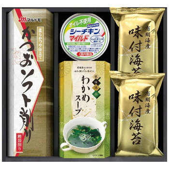 ※パッケージ、デザイン等は予告なく変更される場合があります。※画像はイメージです。商品タイトルと一致しない場合があります。誰にでも喜ばれる毎日の食卓に欠かせない和の詰合せです。【鰹節削り】※まれに骨や皮が混入している場合がございますので、ご注意ください。【わかめスープ】※本製品で使用しているエビは、カニが混ざる漁法で採取しています。【味付け海苔】※のりは「えび」「かに」などの甲殻類が生息する海域で生産されています。※のりはとても湿りやすい食品です。開封後は再密封して保管し、なるべくお早くお召し上がりください。※乾燥剤は食べられませんのでお取り扱いに注意してください。内容量マルトモかつおソフト削り(2g×3袋):1個、わかめスープ(5.3g×2袋):1個、有明海産味付海苔(8切4枚):2袋、はごろもフーズオイル不使用シーチキンマイルド70g:1缶サイズ個装サイズ：27×25×7cm重量個装重量：450g仕様賞味期間：製造日より390日生産国日本広告文責:株式会社ホームセンターセブンTEL:0978-33-2811※パッケージ、デザイン等は予告なく変更される場合があります。※画像はイメージです。商品タイトルと一致しない場合があります。原材料名称：かつお削りぶし(薄削り)、乾燥スープ(和風)、味付のり、かつお調理品【鰹節削り】かつおのふし(国内製造)【わかめスープ】食塩(国内製造)、乳糖、ブドウ糖、砂糖、昆布粉末、香辛料、チキンパウダー、カキパウダー、鰹エキス、エビ粉末、椎茸粉末、具(わかめ、ごま、ねぎ)/調味料(アミノ酸等)、(一部に乳成分・小麦・えび・大豆・豚肉・鶏肉・ごまを含む)【のり】乾のり(有明海産)、砂糖、みりん、しょう油(小麦・大豆を含む)、食塩、唐辛子、煮干、昆布/調味料(アミノ酸等)、ソルビット【シーチキン】かつお、寒天、野菜エキス粉末、魚介エキス、昆布エキス粉末、食塩、椎茸エキス粉末 / 調味料(アミノ酸等)、増粘剤(加工でん粉)アレルギー表示乳、小麦、えび、ごま、大豆、鶏肉、豚肉（原材料の一部に含んでいます）保存方法直射日光・高温多湿を避け、常温で保存してください。製造（販売）者情報【製造者】のり:株式会社柳川海苔本舗シーチキン:はごろもフーズ株式会社【販売者】わかめスープ:株式会社柳屋本店鰹節削り:株式会社創愛fk094igrjs