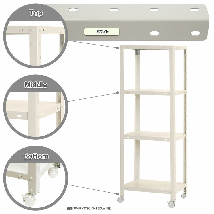 【ポイント10倍】スマートラック キャスター付 幅45×奥行45×高さ123.5cm 4段 ホワイト NSTR-K427-4 キタジマ [スチール棚 スチールラック オフィス家具 業務用 収納棚 収納ラック]【ポイントUP:2026年1月24日20:00～1月29日01:59まで】