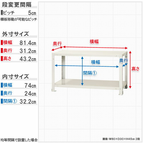 スマートラック 幅80×奥行30×高さ45cm 2段 ホワイト NSTR-054-2 キタジマ [スチール棚 スチールラック オフィス家具 業務用 収納棚 収納ラック]