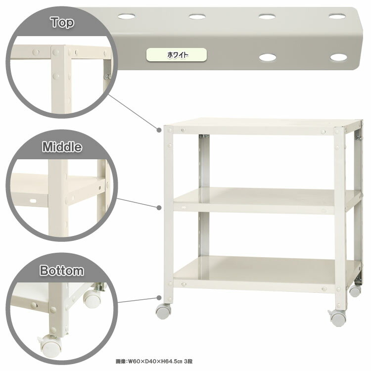 【ポイント10倍】スマートラック キャスター付 幅60×奥行40×高さ63.5cm 3段 ホワイト NSTR-K136-3 キタジマ [スチール棚 スチールラック オフィス家具 業務用 収納棚 収納ラック]【ポイントUP:2026年1月24日20:00～1月29日01:59まで】