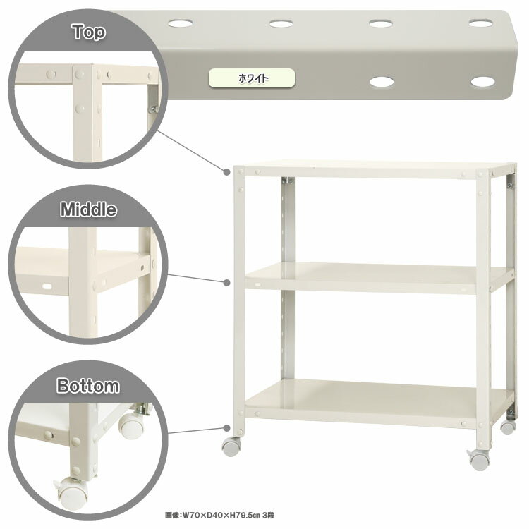 【ポイント10倍】スマートラック キャスター付 幅70×奥行45×高さ78.5cm 3段 ホワイト NSTR-K247-3 キタジマ [スチール棚 スチールラック オフィス家具 業務用 収納棚 収納ラック]【ポイントUP:2026年1月24日20:00～1月29日01:59まで】