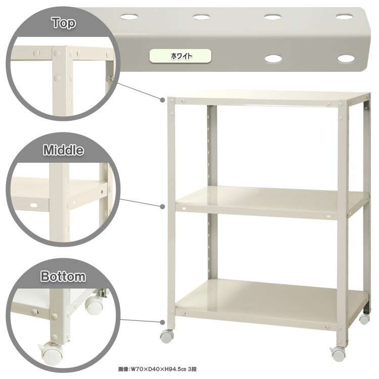 【ポイント10倍】スマートラック キャスター付 幅70×奥行45×高さ93.5cm 3段 ホワイト NSTR-K347-3 キタジマ [スチール棚 スチールラック オフィス家具 業務用 収納棚 収納ラック]【ポイントUP:2026年1月24日20:00～1月29日01:59まで】