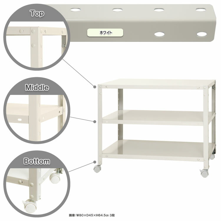 【ポイント10倍】スマートラック キャスター付 幅80×奥行40×高さ63.5cm 3段 ホワイト NSTR-K156-3 キタジマ [スチール棚 スチールラック オフィス家具 業務用 収納棚 収納ラック]【ポイントUP:2026年1月24日20:00～1月29日01:59まで】