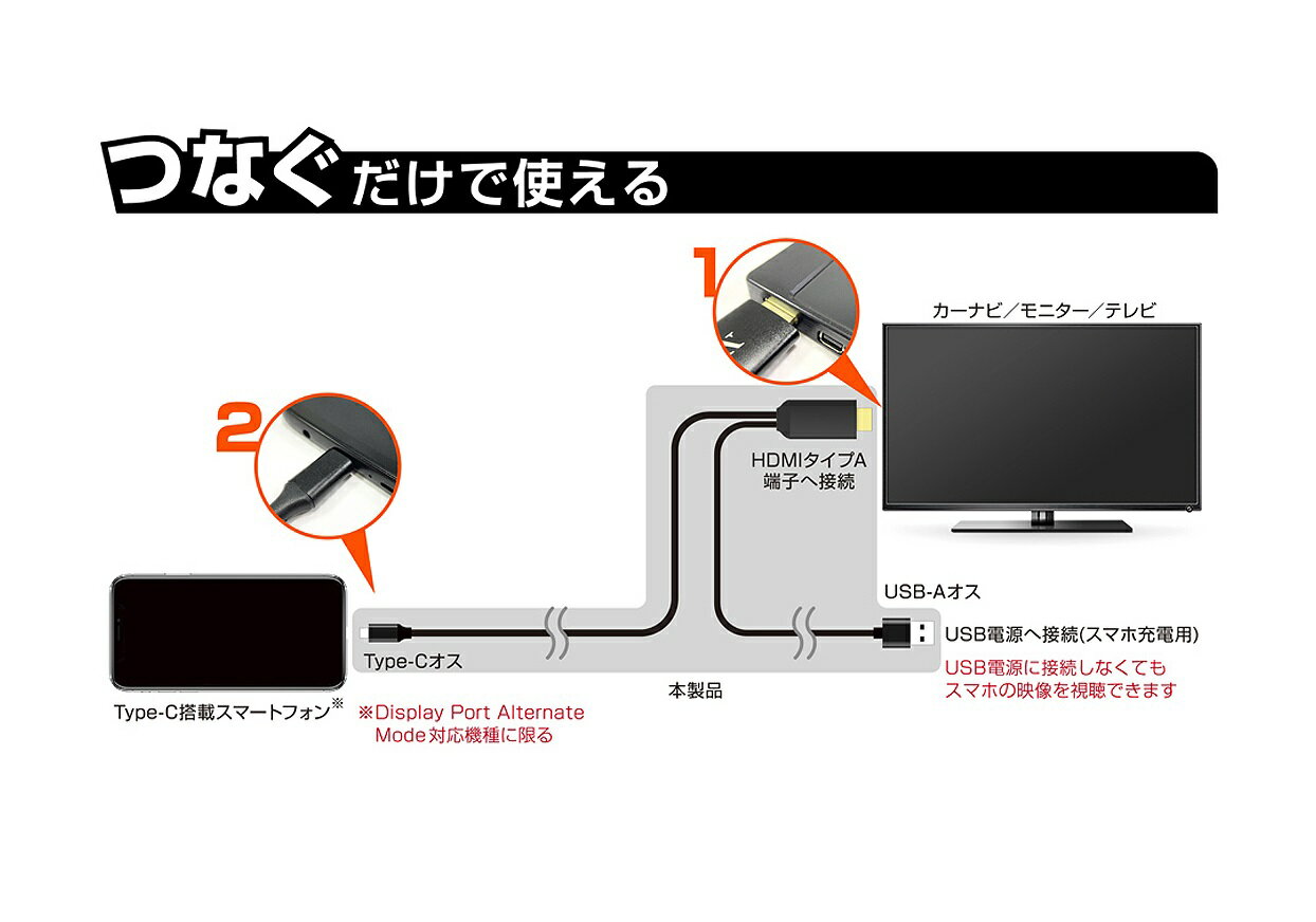 HDMI変換ケーブル Type-C専用 3m KD-225 カシムラ [hdmiケーブル スマホ PC 接続ケーブル] 3